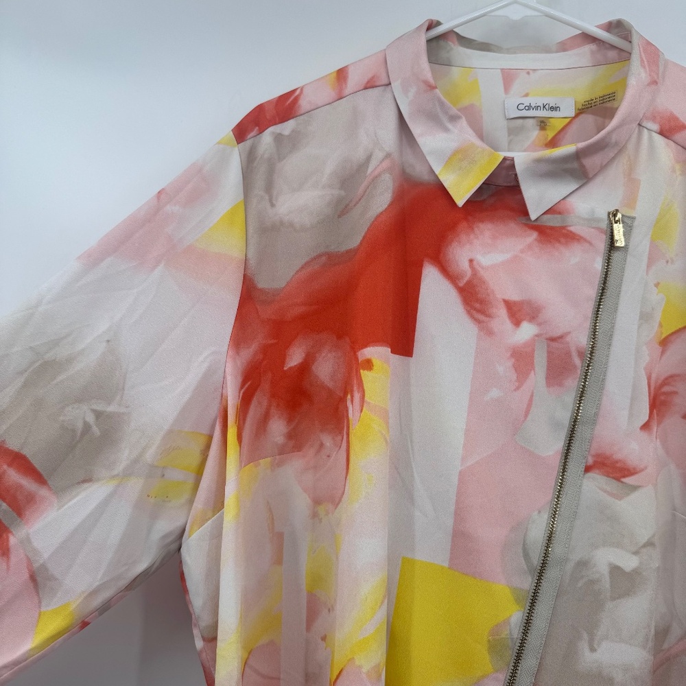 Calvin Klein Top Women 2X Orange Yellow Asymmetrical Zip Long Roll Tab Sleeve - Picture 4 of 13